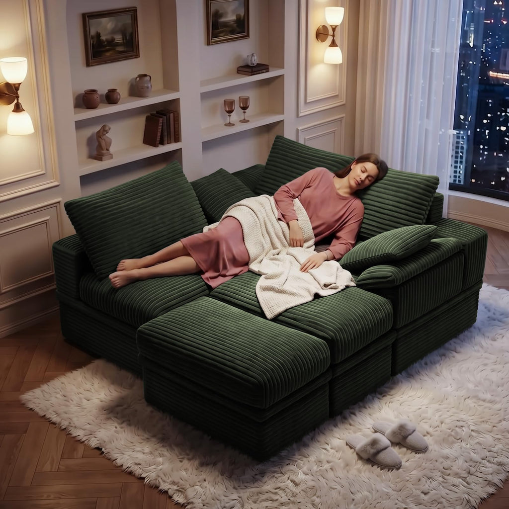107" Modular Sectional Sofa Boneless Couch with Storage,U-Shape 3 Seat Comfy Modern Cloud Couch Sofa with Ottoman, 27" Deep Seat Corduroy Sofa for Living Room, Tool-Free Assembly - Green