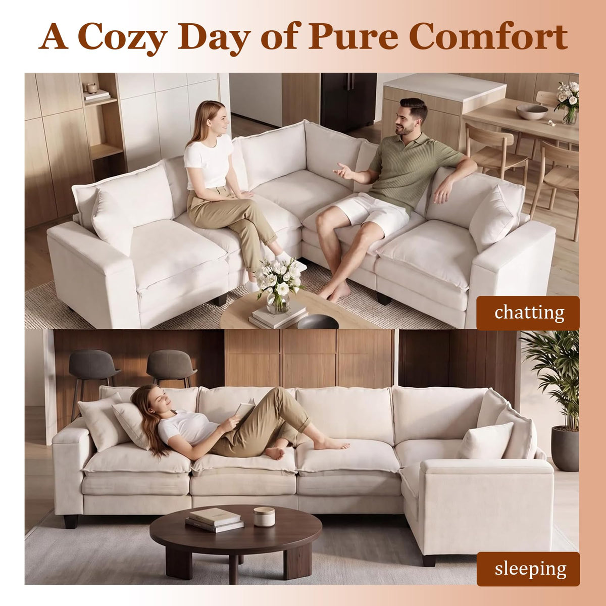 V Shaped Modular Sectional Couch with Storage Ottoman, Beige