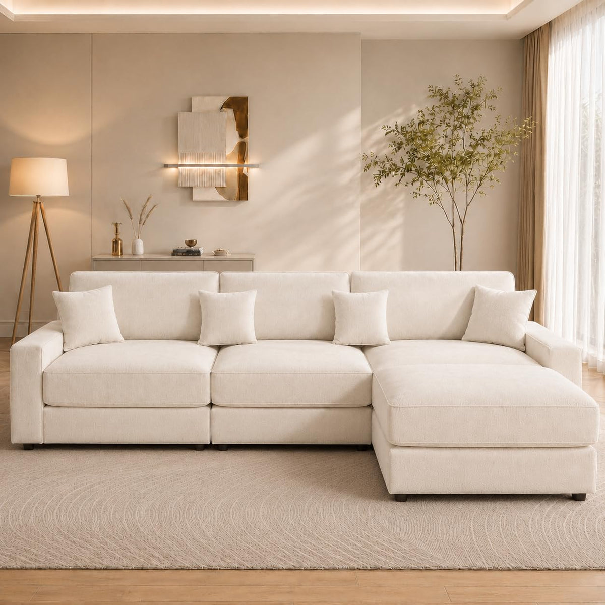 Vipbear 114" Modular Sectional L Shaped Sofa Couches,for Living Room,Oversized Cloud Couch with Movable Ottoman,Comfy Chenille Sofa with Pillow,Side Pockets,Bedroom,Apartment,Beige