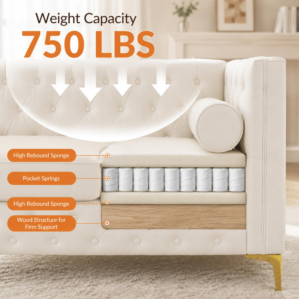 78.5" Cream White Faux Leather Sofa Couch for Living Room, Luxury Button T