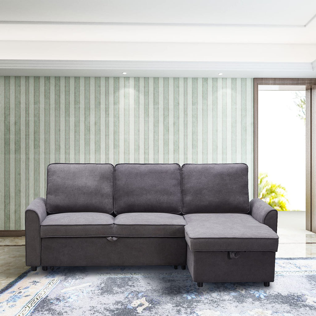 Tidyard MGEA Modern L-Shaped Sofa Bed with Chaise, Reversible Sectional with Pull-Out Bed & Storage, 4-Seater Linen Fabric Convertible Couch for Living Room, Dark Grey