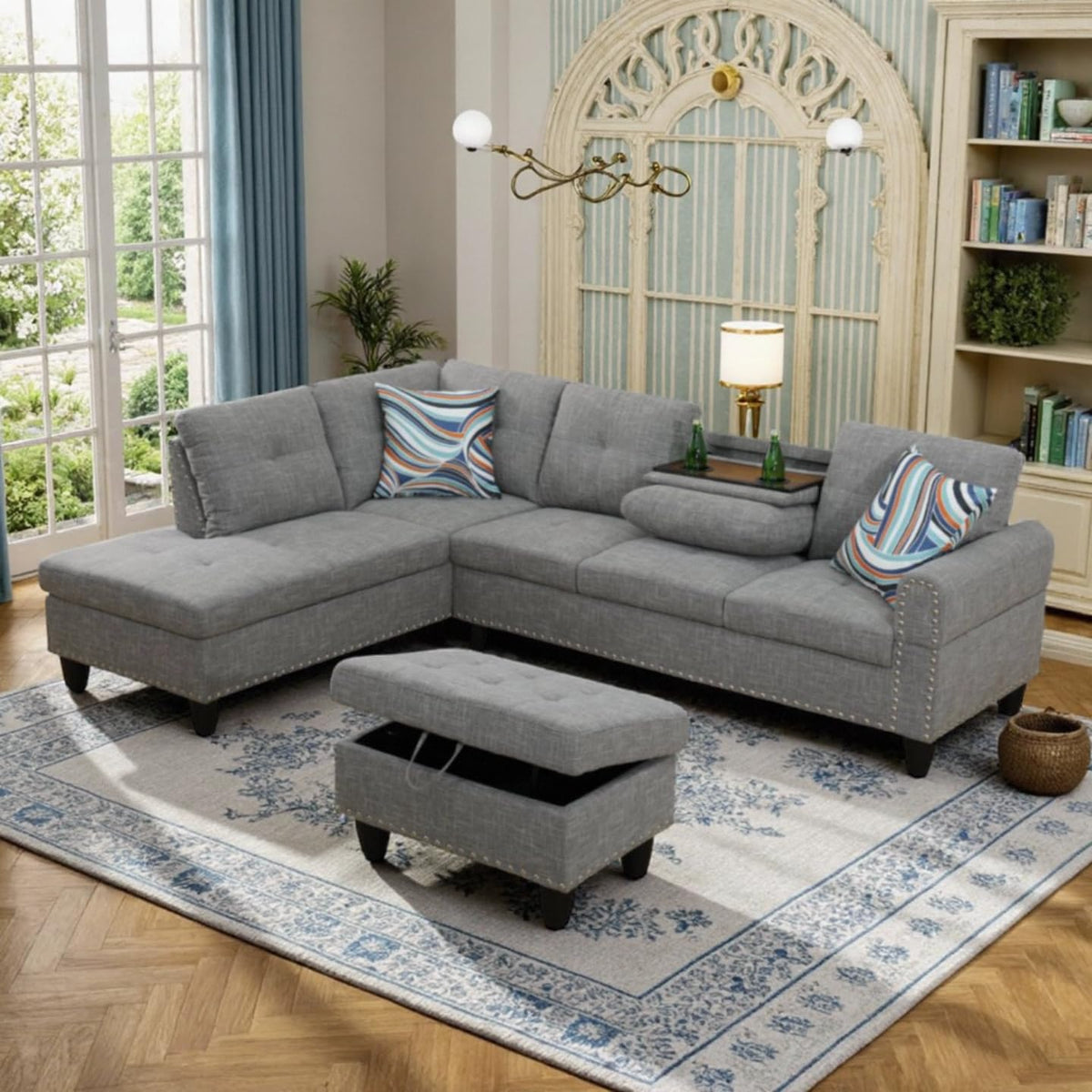 97.5" L Shaped Couches for Living Room, Sectional Couch Living Room Furniture with Storage Ottoman, Modular Sectional Sofa with Movable Chaise for Apartment Office, Grey