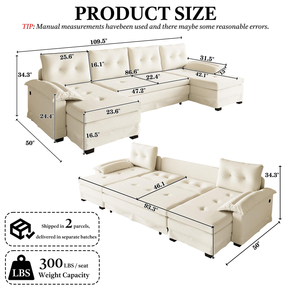 110" Oversize U-Shaped Chenille 4-Seater Sofa with Pull Out Bed, 2 in 1 Convertible Sleeper Couch with Removable Armrests & USB Ports, Sectional Modular with Chaise Lounge for Living Room (White)