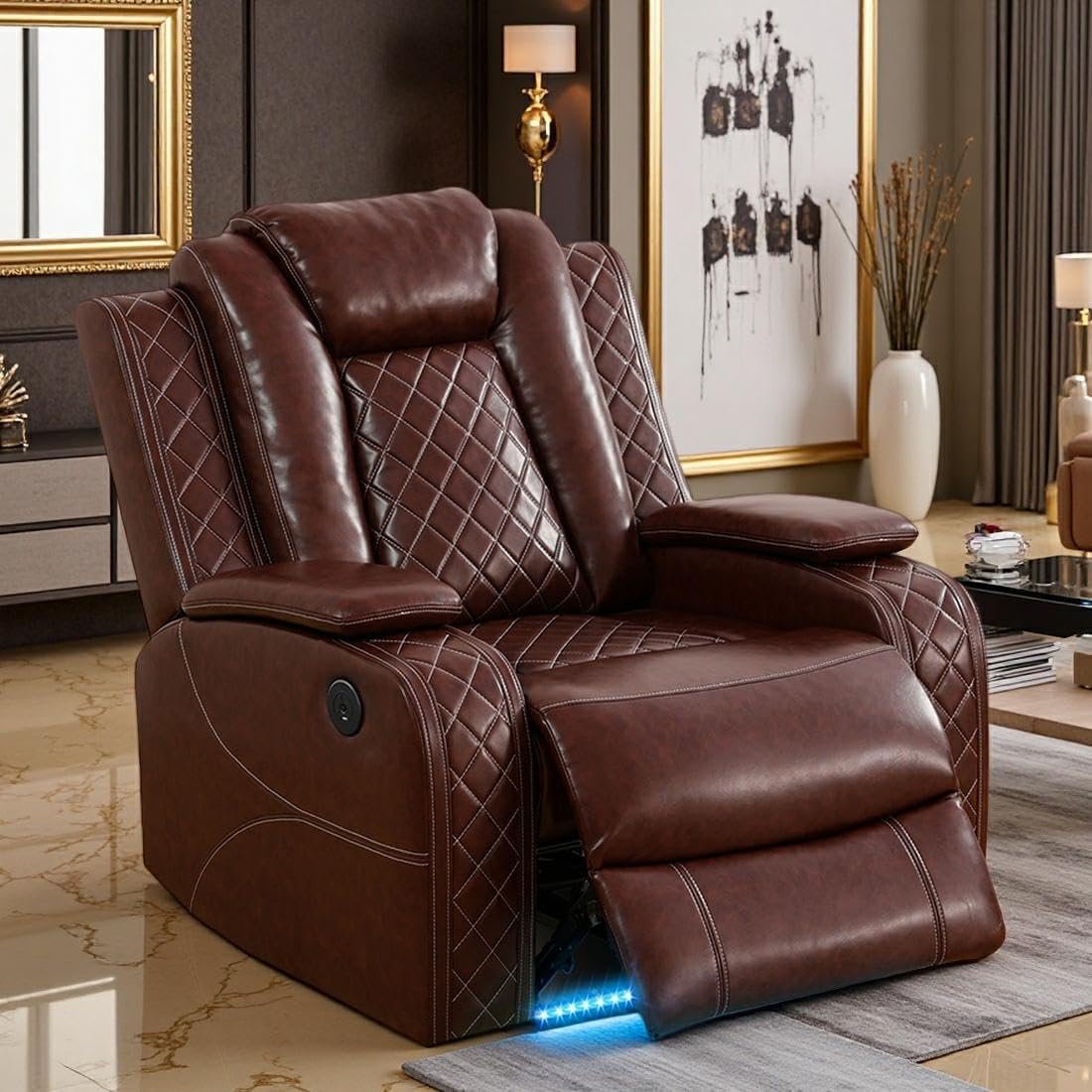 Power Recliner Sofa Set with LED Light, Black Leather Sectional Sofa and Chair Set, Living Room Furniture Sets, Modern Power Reclining Sets with Storage Console for House