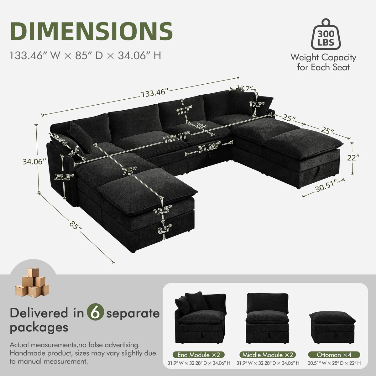WorthFurni Modular Sectional Sofa Bed with Storage Ottomans,135" Cloud Couch,6-Seater Comfy Modern Couches with Pillows & Upholstered Deep Seat Cushion for Apartment Living Room Bedroom（Black）