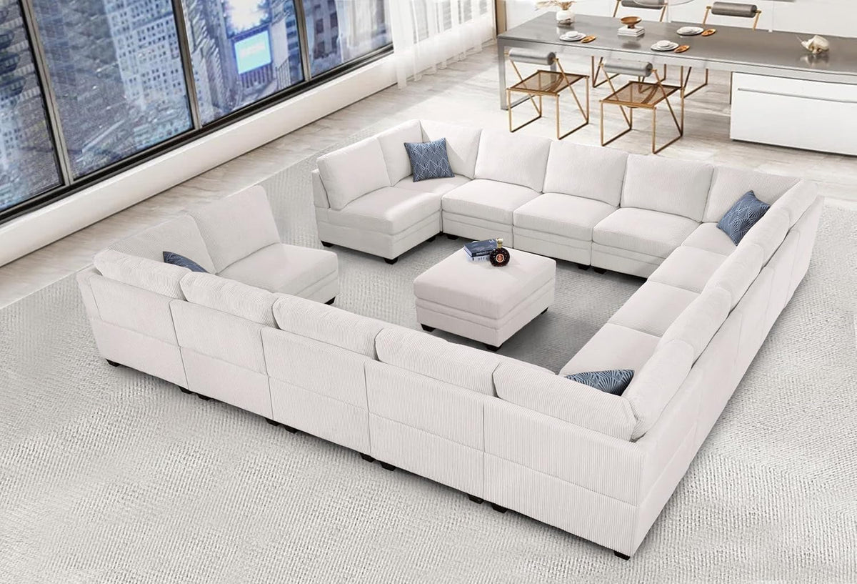 Wanderwell Oversized Modular Sectional Sofa, 6-Seater U Shaped Couches with Movable Ottoman,Corduroy Sectional Couch with Wide and Deep Seats Suitable for Living Room,Bedroom,Apartment (Olive, L-7)