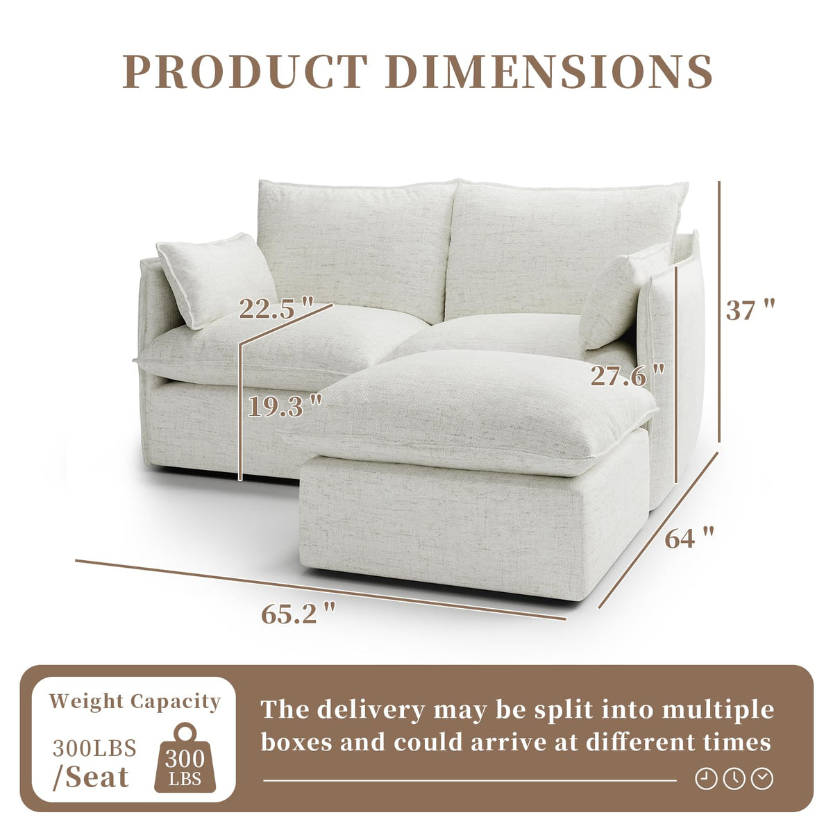 Waterproof Cloud Sectional Couches,High Backrest Down Filled Sofa for Living Room,Modular Sofas 2 Seater with Ottoman,Detachable Couch Covers,Cream White