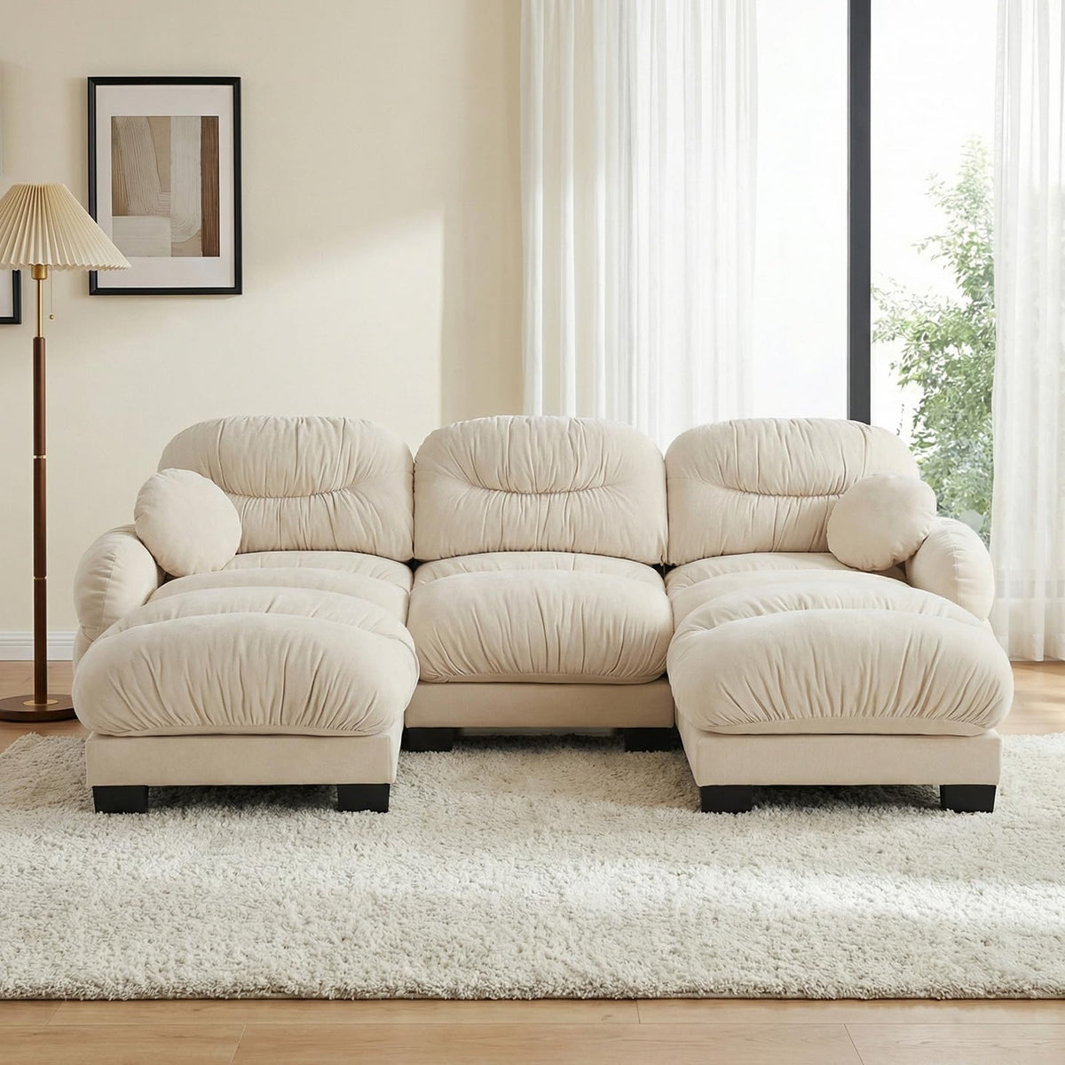 116" U Sectional Couches for Living Room, 3 Seater Modular Couch with 2 Ottoman, Cloud Sofa with Soft Chenille Fabric, High-Density Foam Cushion, Living Room Furniture, Beige