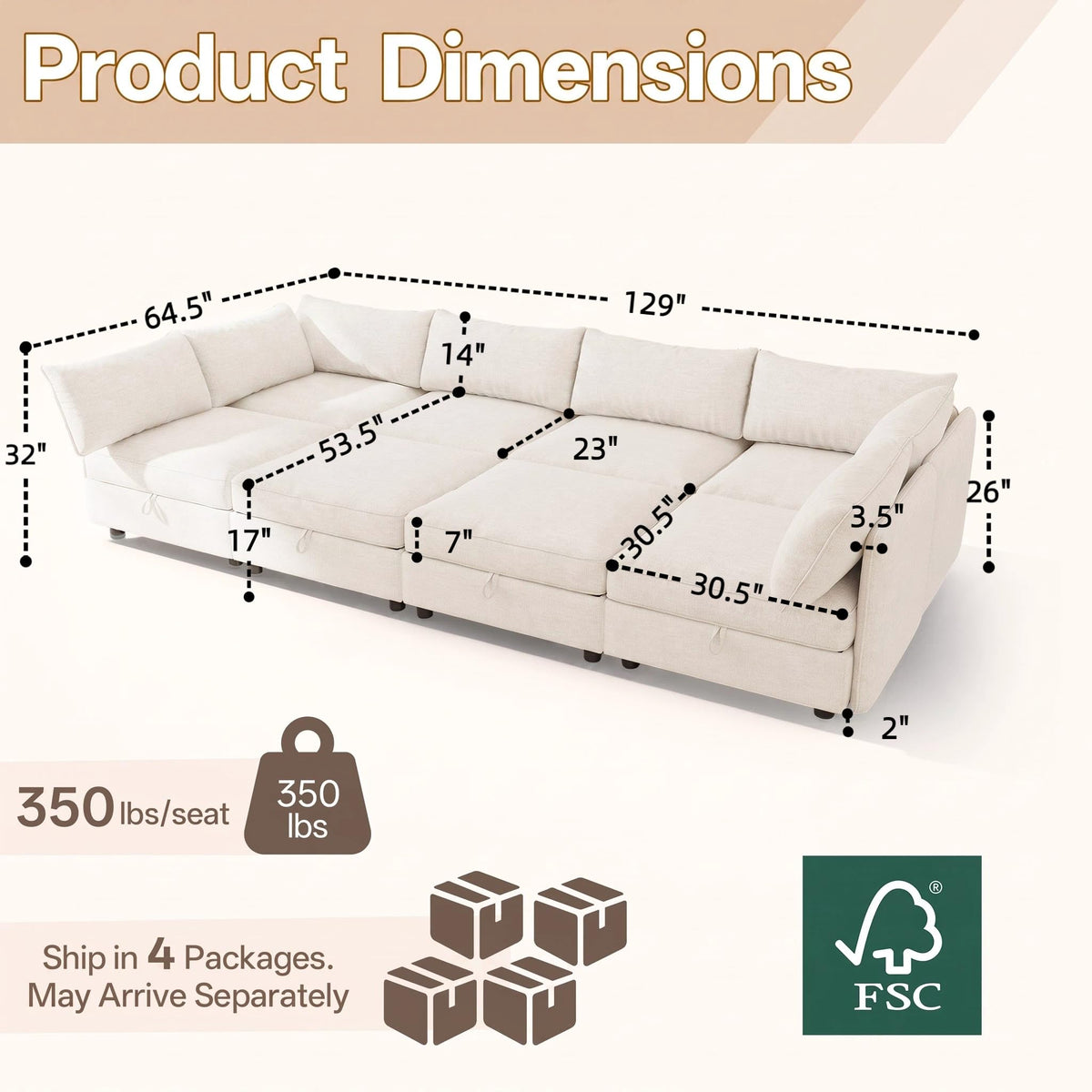 125" Chenille Modular Sectional Sofa Bed Hidden Storage, Convertible L U Shaped Sleeper Couch, 8 Seat Modern Modular Sectional Sofa with Removable Covers & Ottoman Chaise, for Living Room, Beige