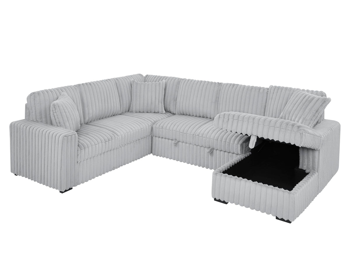 122 Inch Pull Out Couch, Rabbit Plush Fabric Sofa Bed with USB Ports, Oversized U Shape Sectional Sleeper Sofa Bed with Storage Chaise, Grey