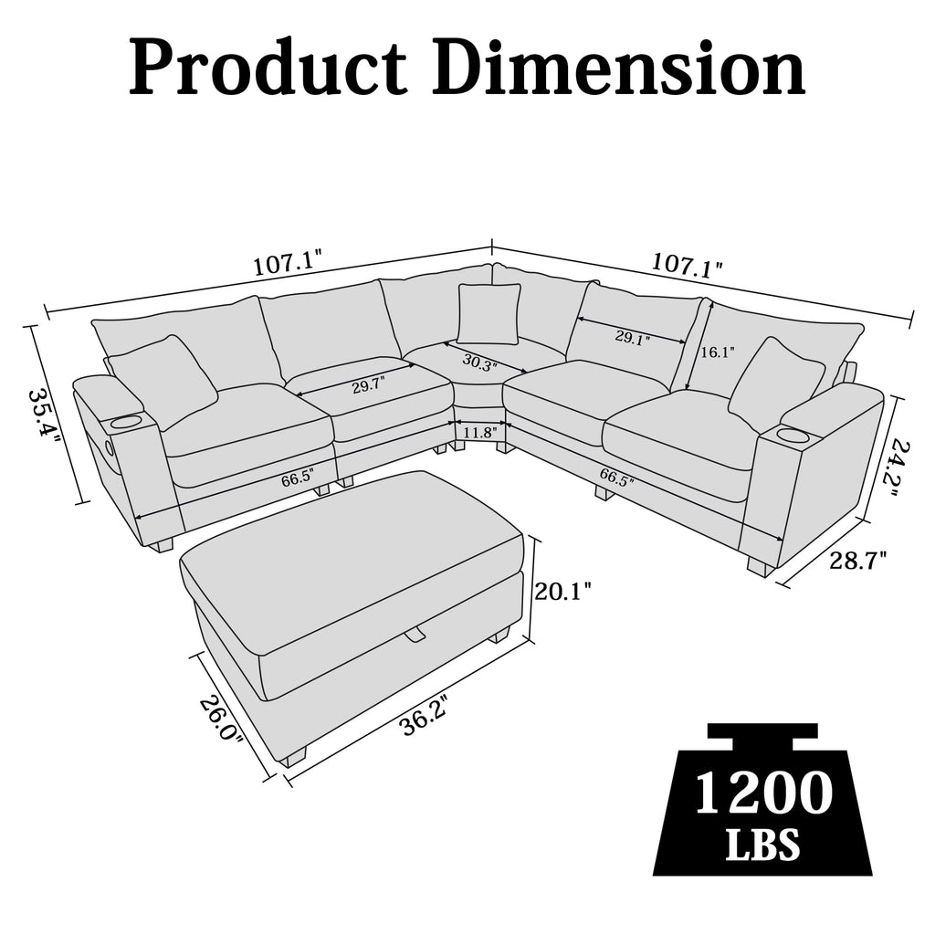 107.1" L-Shaped Modular Sectional Sofa with Storage Ottomans, 6-Seat Deep Seat Sofa with Armrest Storage, Cup Holders & USB Type-C Charging, Sectional Couches for Living Room (Grey)