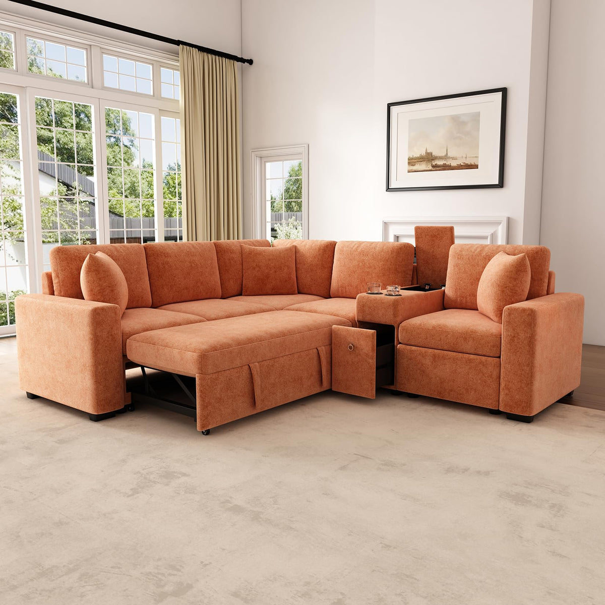 120.5" L-Shaped Modular Sectional Sofa with Convertible Sofa Bed, Reversible Sleeper with Pull-Out Bed, Cup Holders and Ample Storage Space for Living Room