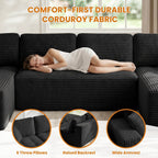 126" Oversized Cloud Boneless Couch, Modern Sofa Couch U Shaped Modular Sectional Sofa with Chaise, Premium Corduroy Fabric Boneless Couch for Living Room, No Assembly Required Black Floor Sofa