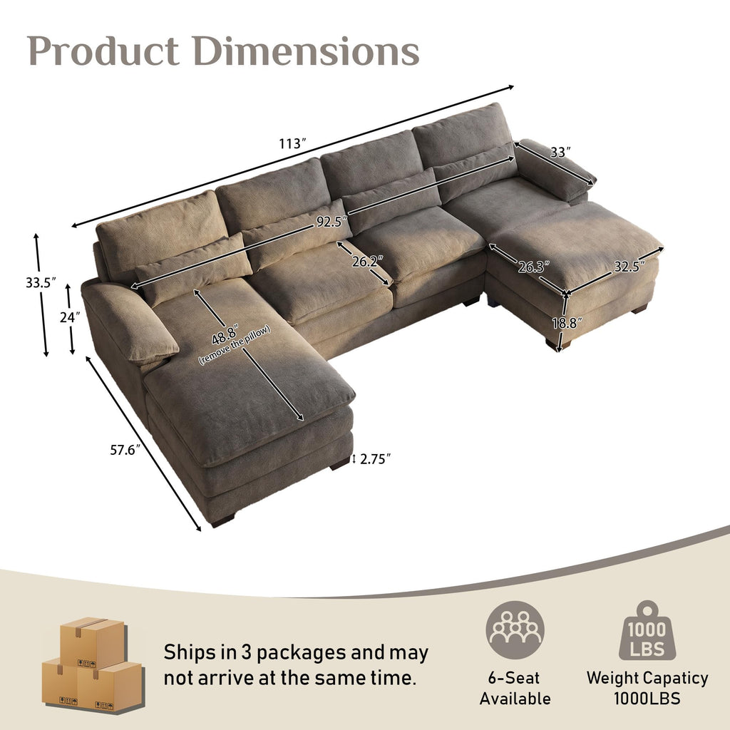 113" Cloud Couch Sectional Modular Sofa U Shaped Sectional Couches for Living Room Comfy Chenille 5 Seat Cloud Sofa Set with 4 Pillows, Chaise Lounge, Movable Ottoman, Stone Grey