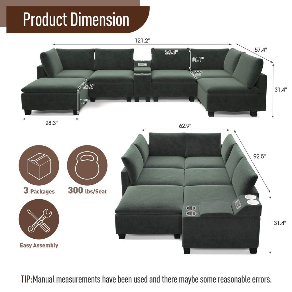 121.2" Oversized Sectional Couches U-Shaped Modular Sofa Bed,Green