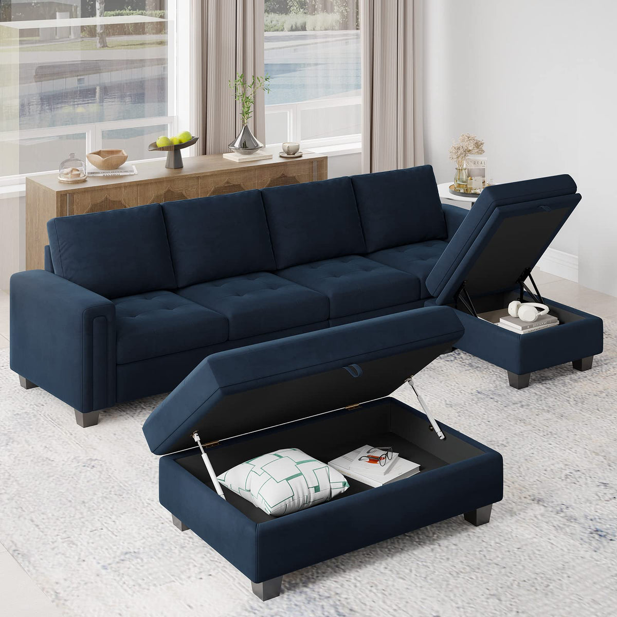 Belffin Velvet Convertible 4-Seat Sectional Sofa with Reversible Chaise L Shaped Sofa Couch Furniture Sets Sectional Couch with Storage Ottoman Blue