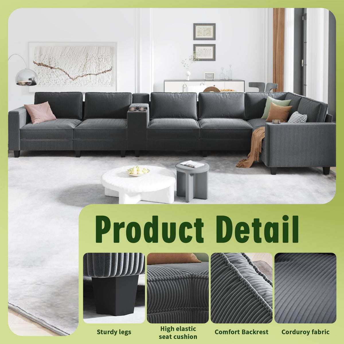 133.4'' X 94.4'' L-Shaped 6-Seater Corduroy Sofa, Large Storage Armrests with Center Console, USB Charging Left and Right Seats Can Be Switched