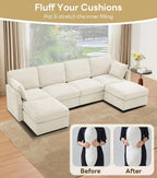 Tbfit U Shaped Couch, Sectional Sofa for Living Room,Chenille Cloud Couch with Ottoman 6 Seat, Beige