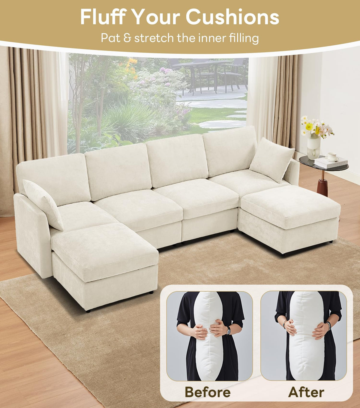 Tbfit U Shaped Couch, Sectional Sofa for Living Room,Chenille Cloud Couch with Ottoman 6 Seat, Beige