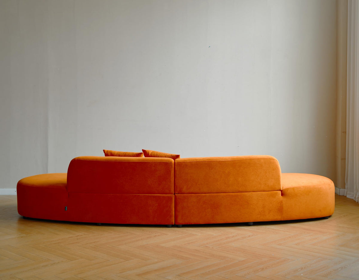 WILLIAMSPACE 132" Oversize Curved Sofa Couch for Living Room, Modern Luxury 2 Pieces Upholstered Cloud Sofa Curved Couch with Half Moon Design, Velvet 6 Seater Sofa for Apartment, No Assembly, Orange