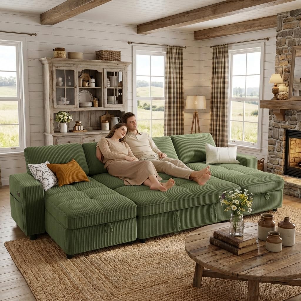 WEUP 105" Sectional Sofa with Pull Out Bed, U Shaped 4 Seat Sleeper Sofa with 2 Storages, Adjustable Backrest, USB Ports, Tool-Free Assembly, Plush Corduroy Sectional Couches for Living Room, Beige