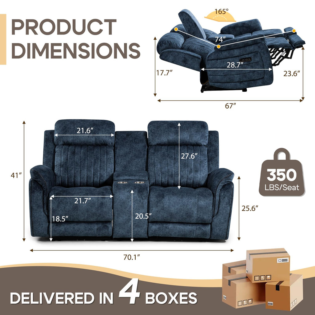 Zero Gravity Power Reclining Loveseat Sofa with Adjustable Headrests, Power Loveseat Recliner with Console, Electric 2-Seater Recliner Couch with Charging Port for Living Room (Velvet, Blue)