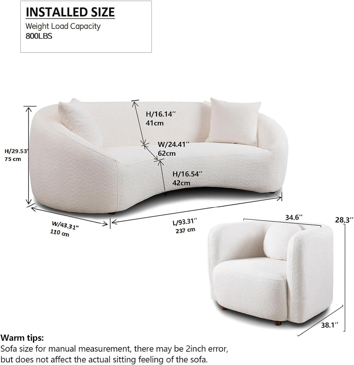 White Curved Sofa Set of 3, Solid Wood Frame, 5 Seater, Pillows, Modern