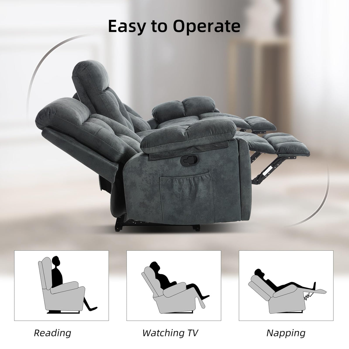 EBELLO 2 Piece Reclining Living Room Set, Soft Fabric Recliner Sofa Furniture Set, Included Power Lift Recliner Chair with Massage and Heat and 3 Seat Sofa, Dark Greenish-Grey