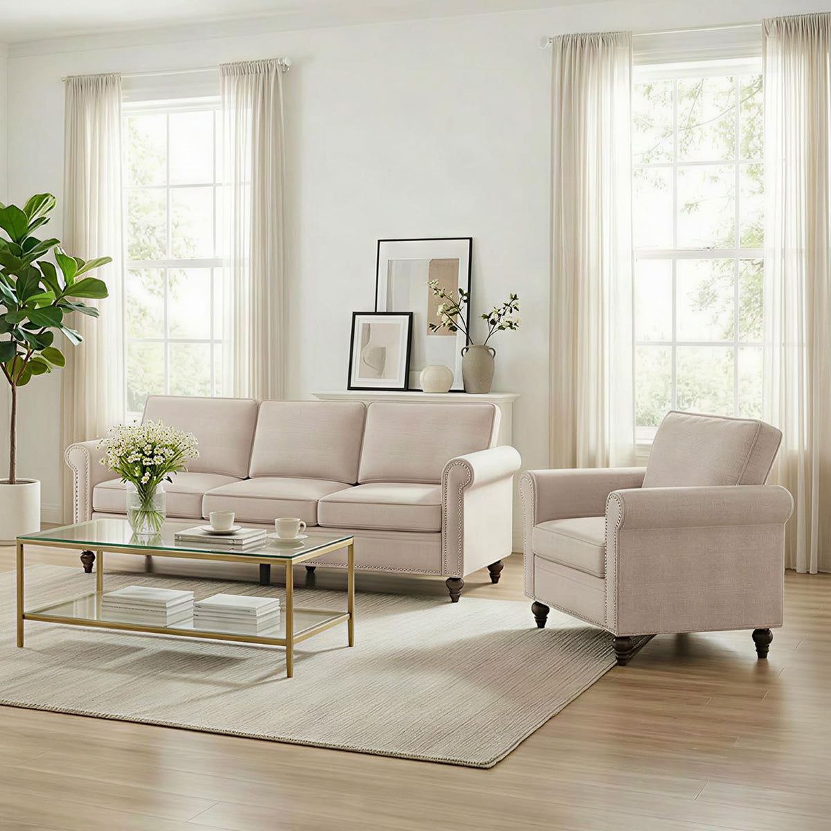 Living Room Sofa Sets 3 Piece, Modern 3 Seater Sofa and Loveseat Couch and Armchair Sets, Linen Fabric 3-Seat + 2-Seat Couch+ Single Accent Chair Furniture Sets