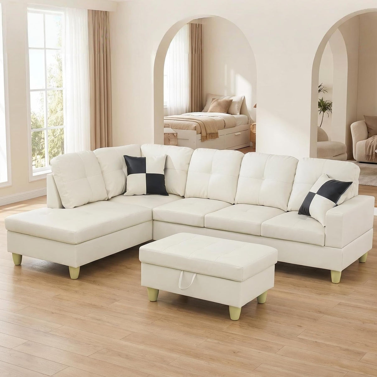 103.5" Sectional Couch with Movable Ottoman, L Shaped 4 Seater PU Faux Leather Sofa w/Chaise Lounge, Comfy Modern Modular Couch for Living Room, Apartment, White Stripes, Right, 3PCS