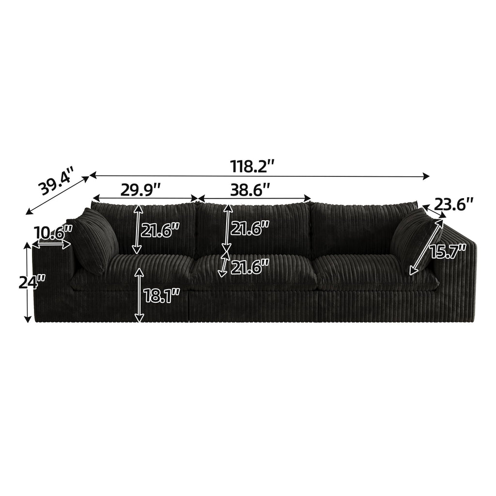 118.2" Cloud Sofa,Corduroy Fabric,Deep Seat Couches,Double Layer Design,Removable Cushion,No Assembly, DIY Combination for Living Room, Bedroom,Conference Room,Apartment,Black