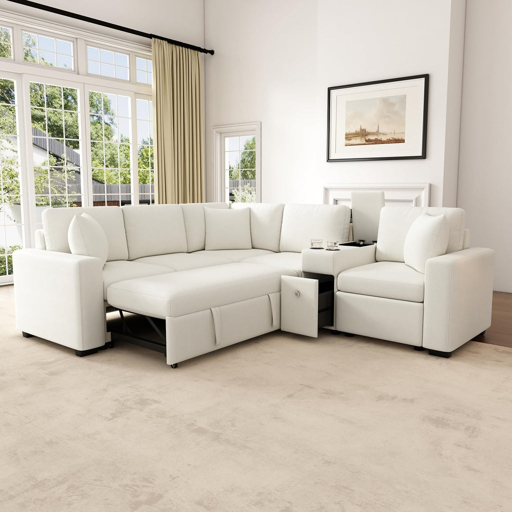 120.5" L-Shaped Modular Sectional Sofa with Convertible Sofa Bed, Reversible Sleeper with Pull-Out Bed, Cup Holders and Ample Storage Space for Living Room