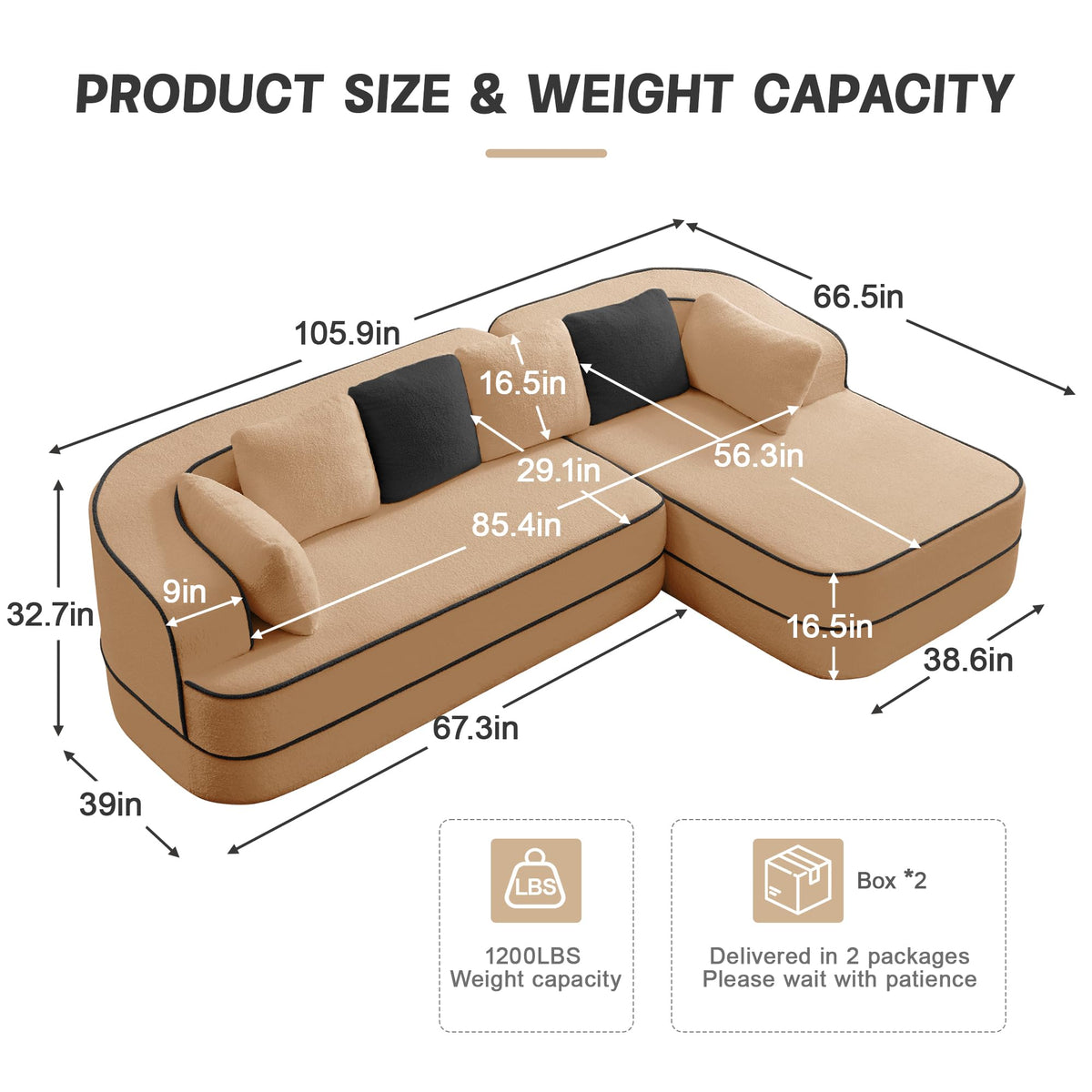 106" Fabric No Assembly 32D Boneless Sofa,Contrast Color Design,Fluffy Comfy Couch with L Shaped Chaise,for Living Room,Camel