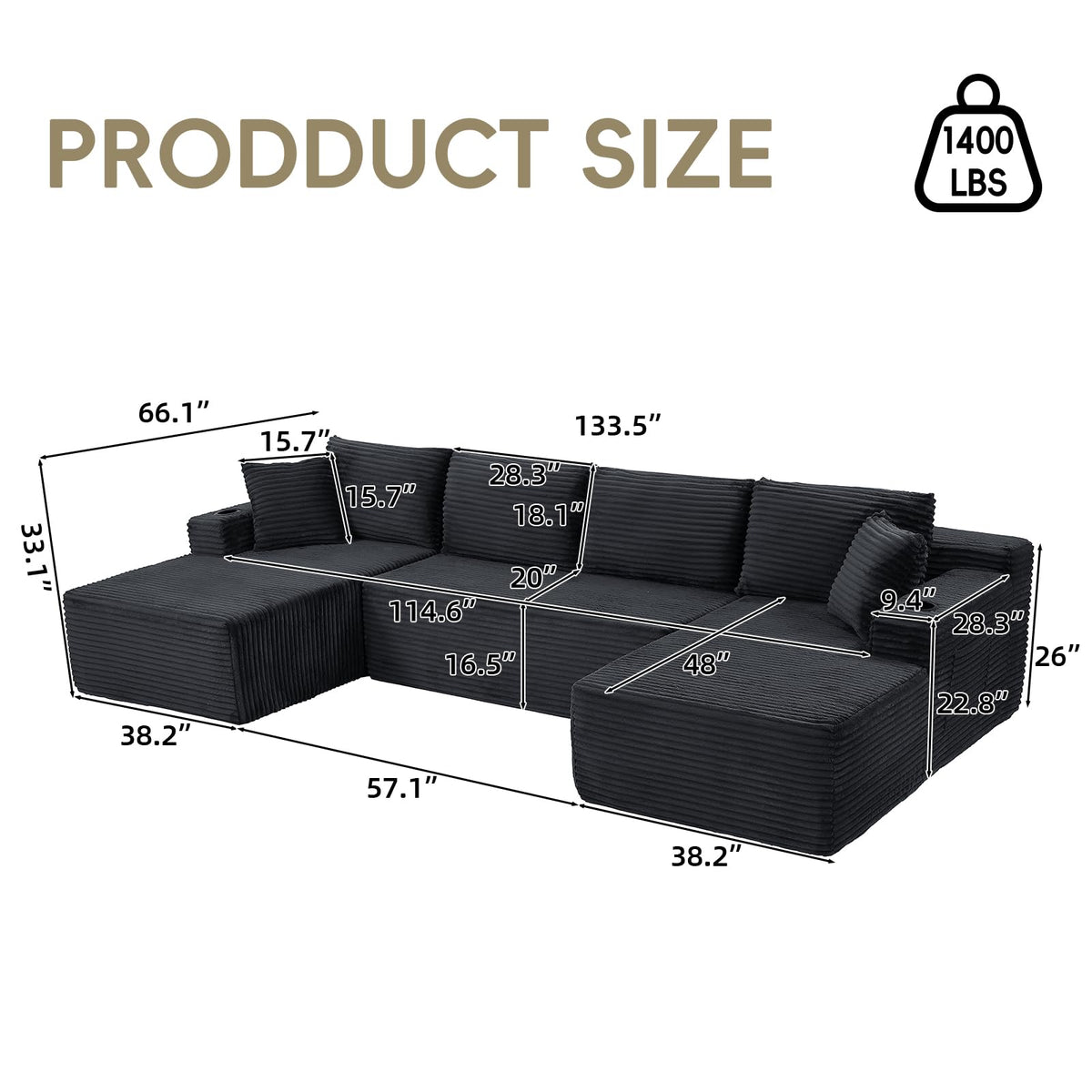 134 Inch Cloud Sectional Couch with L-Shape Chaise,Modern Upholstered Couches with Deep Seat,Corduroy Sponge Compressed Sofa for Living Room, Bedroom,No Assembly Required (Dark Gray, U-Shaped Sofa)