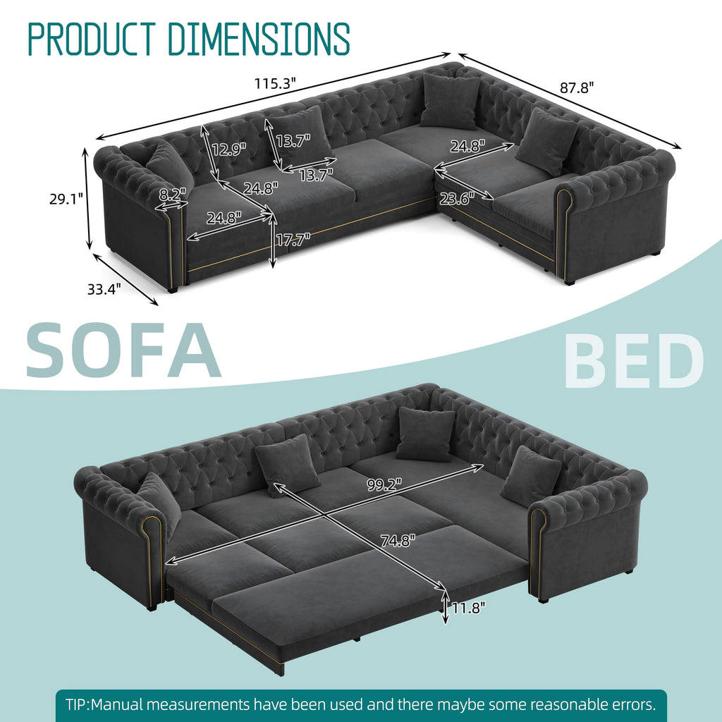 115'' Velvet L-Shaped Convertible Button Tufted Sleeper Sofa Couch, Luxury Oversized Pull-Out Sofa Bed with Gold Trim Rolled Arms and Throw Pillows for Living Room