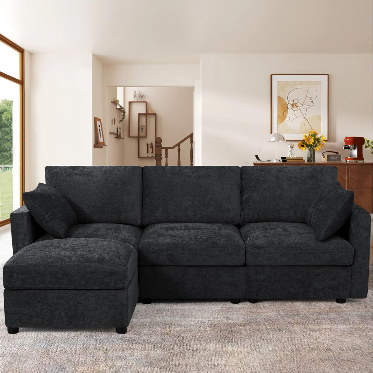 110" Chenille 4 Seats Couch with 2 Ottomans, Black