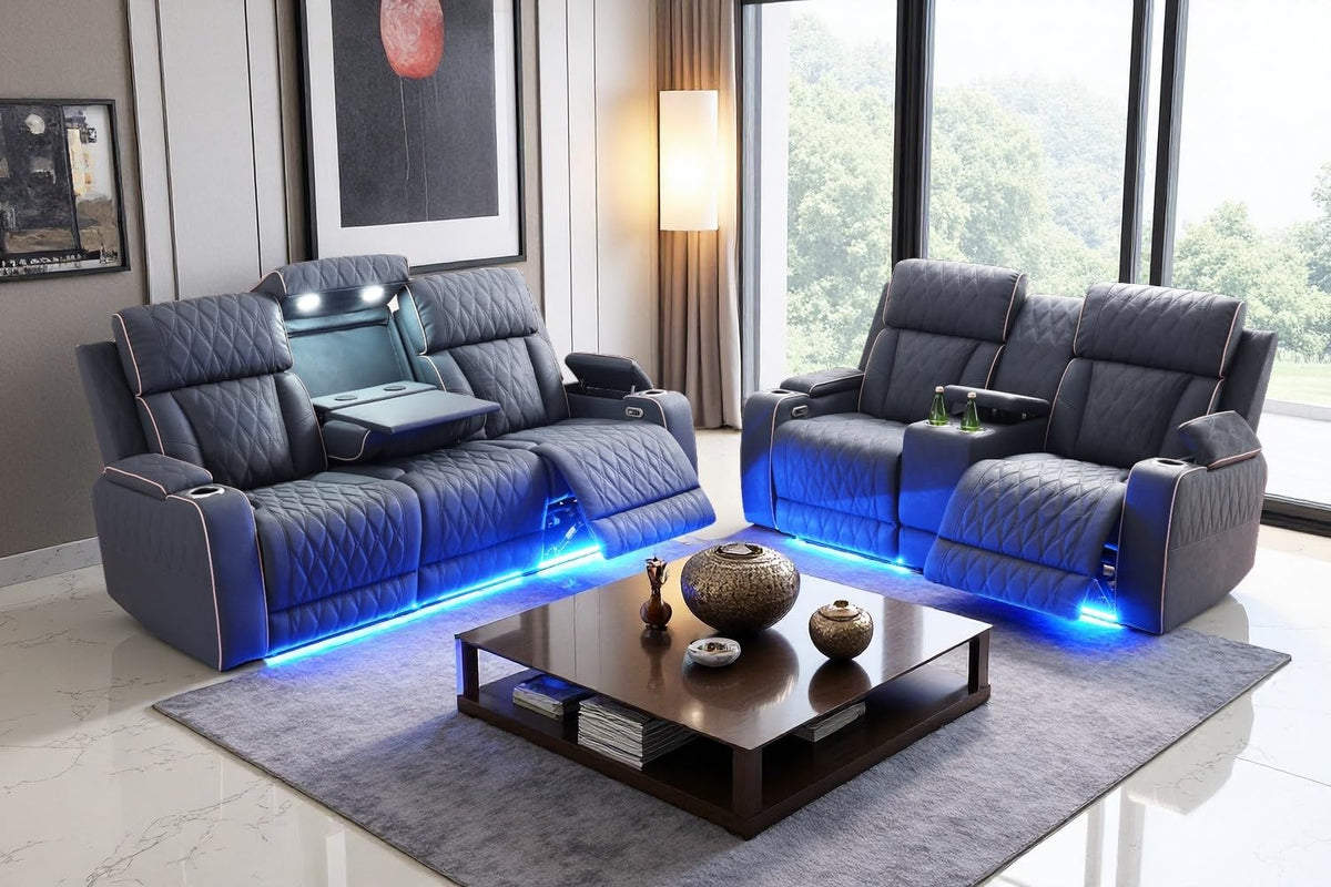 A Ainehome Power Leather Recliner Sofa Set with LED Lights, Recliner Sofa Sectional Couches for Living Room, Reclining Sofa, loveseat, Chair with USB Port/Storage Console/Cup Holder(black,3-piece set)