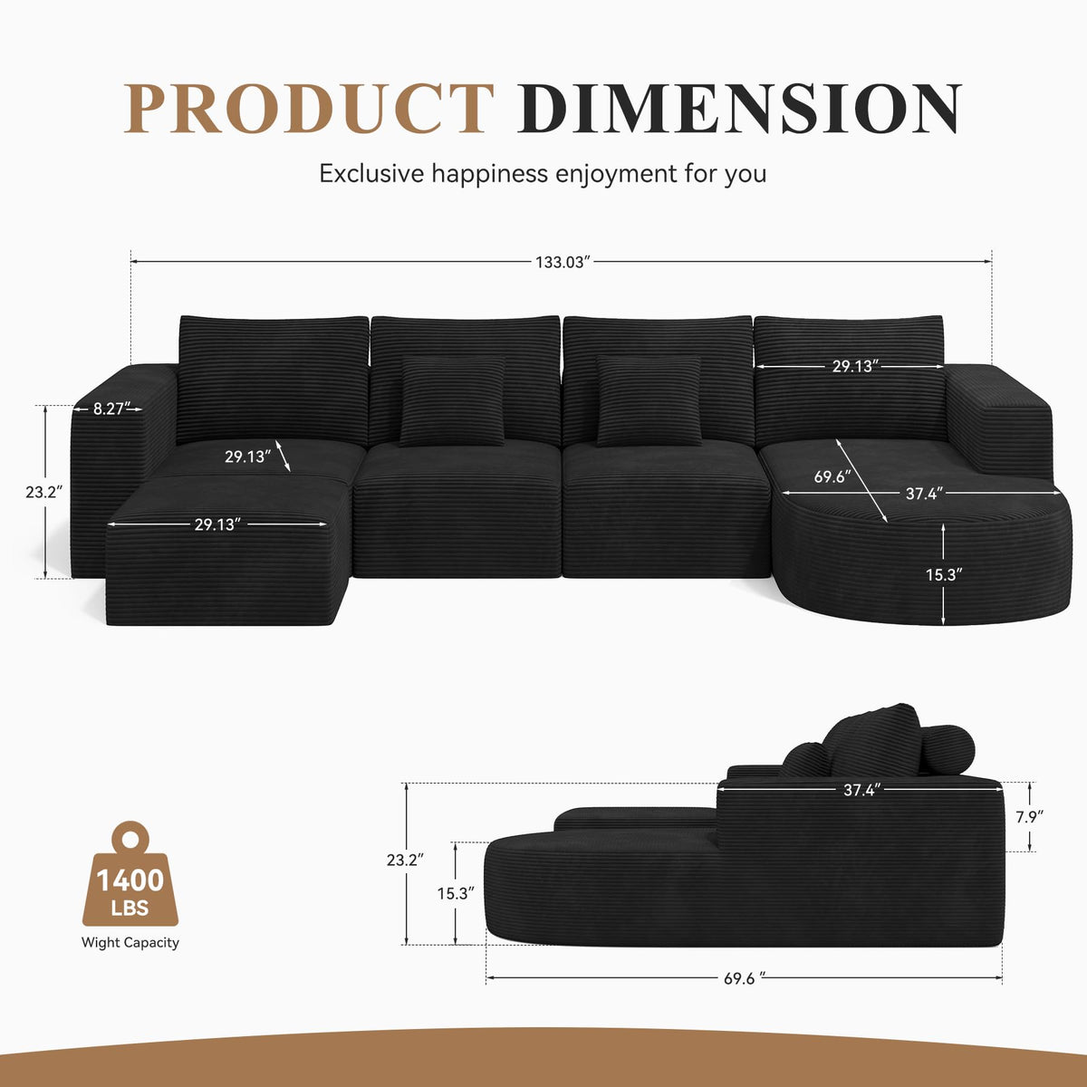 134" Boneless Couches for Living Room,Large U-Shaped Modular Sectional Sofa with Convertible Ottoman,Modern Cozy Cloud Couch in a Box,Sponge Compression Deep Seat Sofas with Chaise,Black