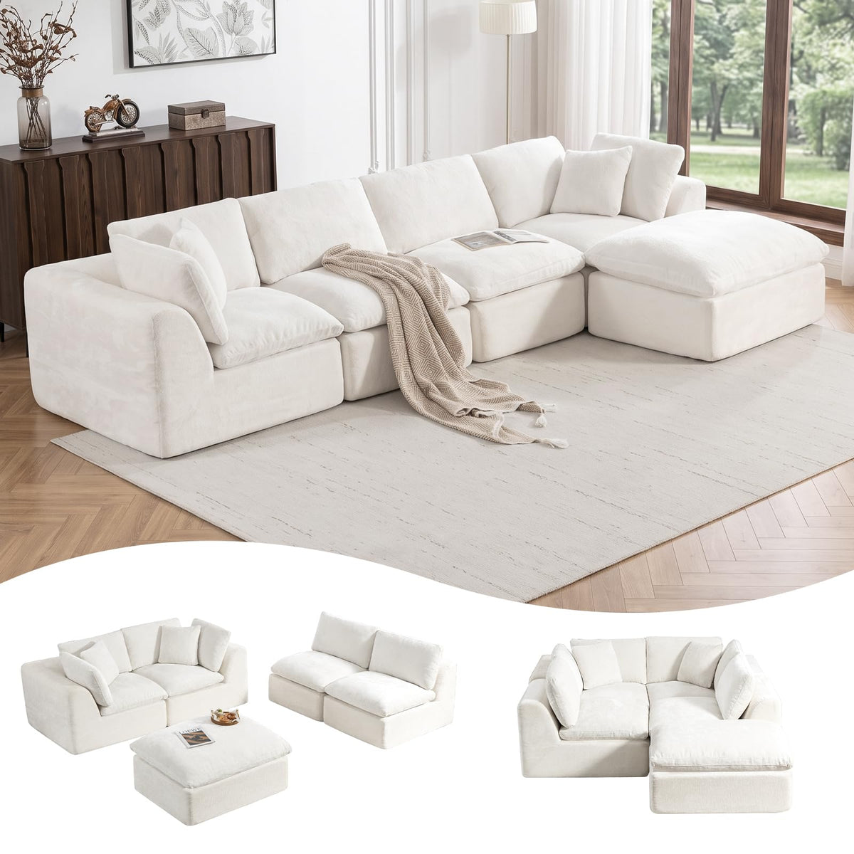 110" Beige Boneless Sectional Couch with Ottoman