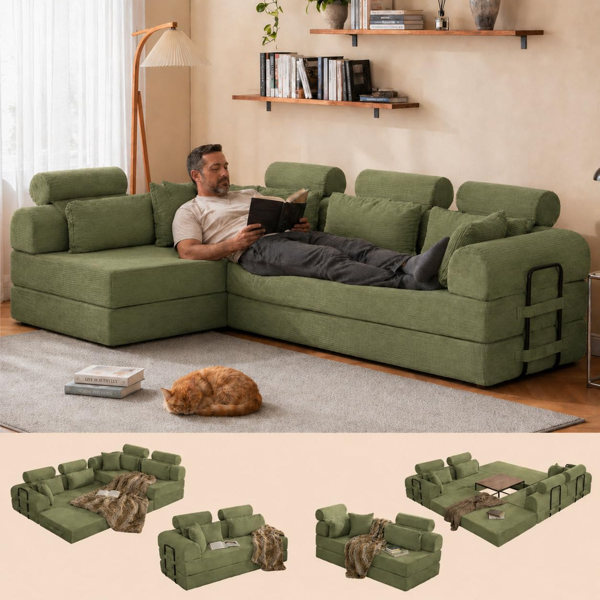 106" Convertible Sleeper Sectional Sofa Bed, 4-in-1 Corduroy Boneless Couch with Fixed-Shape Frame, Modular L-Shaped Sofa with Pillows, Fold Out Floor Sofa for Living Room Apartment (Light green)