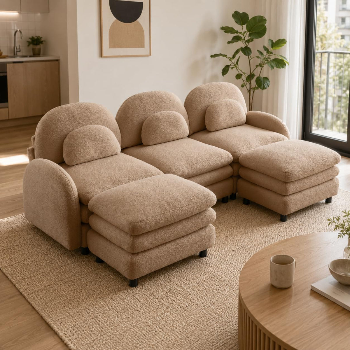 Teddy Fleece 3-Seat Modular Sofa with Curved Back and Double Cushions