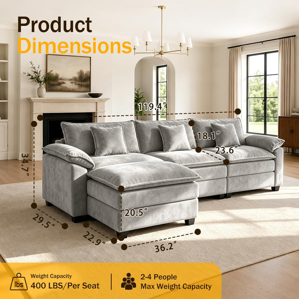 119" Cloud Couch Sectional, L Shaped Modular Sectional Sofa for Living Room, 3 Seater Sofa with 3 Removable Washable Pillows and 1 Ottoman, Light Gray