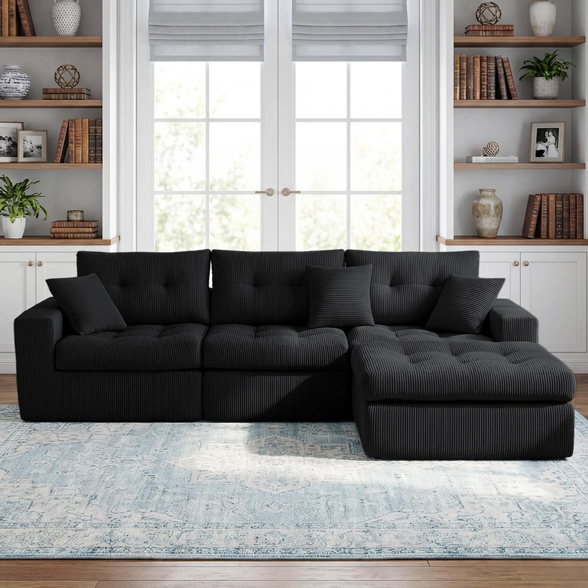 113" Oversized L-Shaped Modular Cloud Sofa Corduroy Upholstered Tufted Boneless Sectional with Deep Seat & Headrests, 4 PCS Compressed Boneless Couches with Movable Ottoman