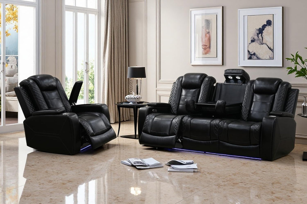 A Ainehome Power Leather Recliner Sofa Set with LED Lights, Recliner Sofa Sectional Couches for Living Room, Reclining Sofa, loveseat, Chair with USB Port/Storage Console/Cup Holder(black,3-piece set)