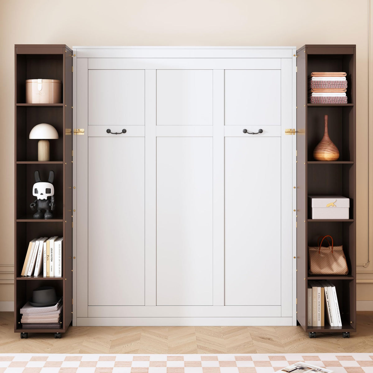 Wood Murphy Bed with Sofa, 4 Storage Shelves and USB Charging Station