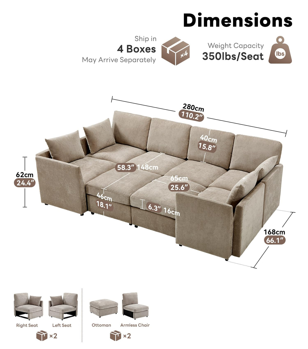 Tbfit U Shaped Couch 8 Seat, Sectional Sofa for Living Room,Chenille Cloud Couch with Ottoman, Khaki
