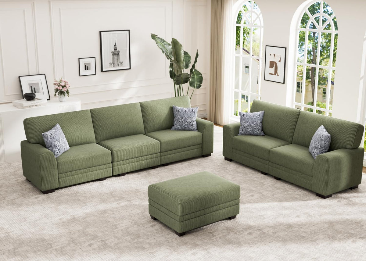Wanderwell Oversized Modular Sectional Sofa, 6-Seater U Shaped Couches with Movable Ottoman,Corduroy Sectional Couch with Wide and Deep Seats Suitable for Living Room,Bedroom,Apartment (Olive, L-7)
