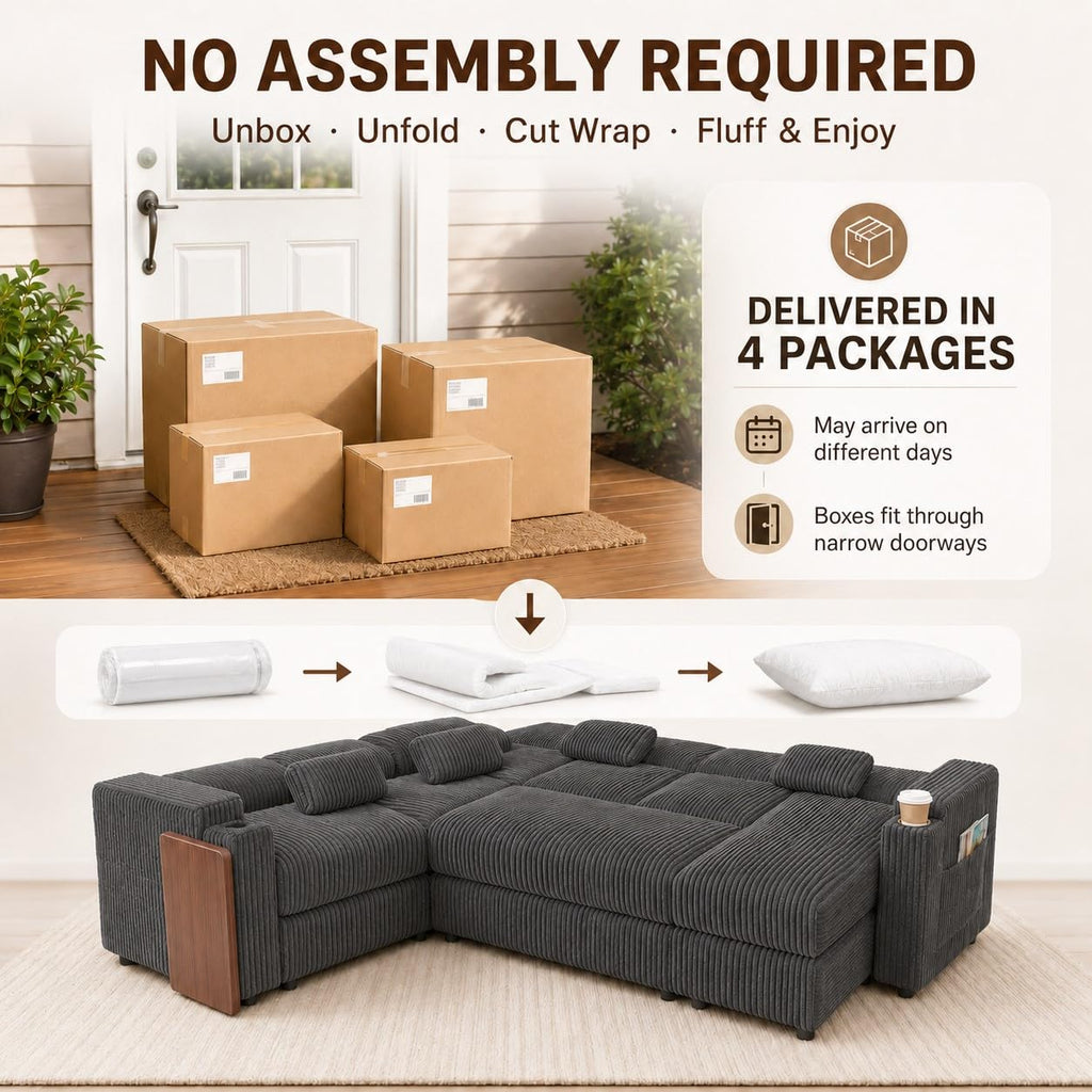 100" U Shaped Modular Sectional Couch with USB Ports, Cup Holders & Folding Table, Corduroy Fabric Sofa with Storage Seat, Comfortable Living Room Couch (Dark Gray)