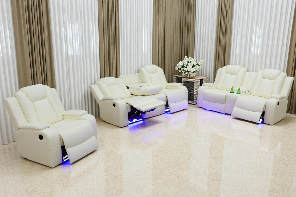 Power Recliner Sofa Set with LED Light, Black Leather Sectional Sofa and Chair Set, Living Room Furniture Sets, Modern Power Reclining Sets with Storage Console for House