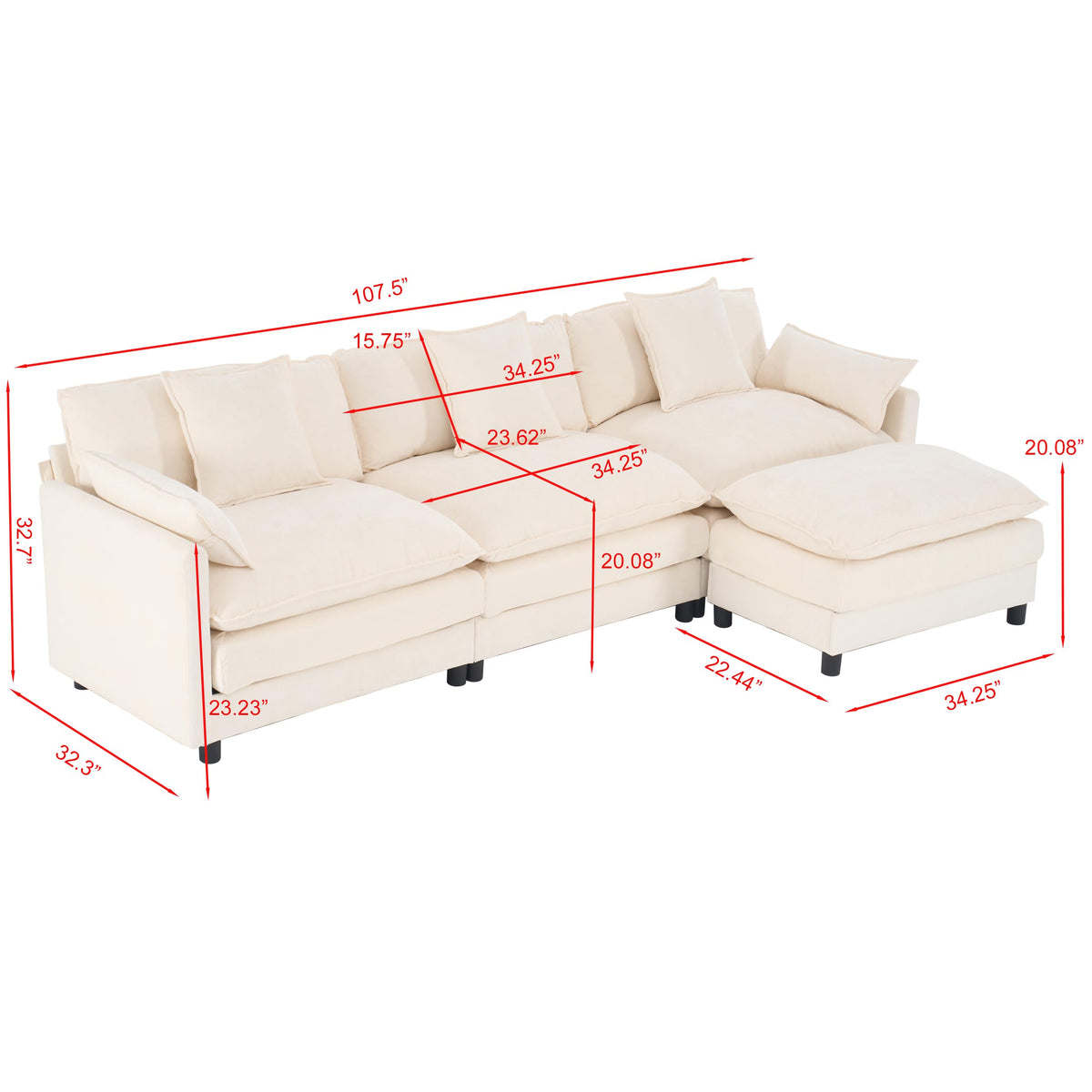 108" Modular Sectional Sofa, Comfy Cloud Couch with Ottoman, 3 Seater Couch with Pillow, Deep Seat Sectional Couches for Living Room, Bedroom and Apartment, Beige